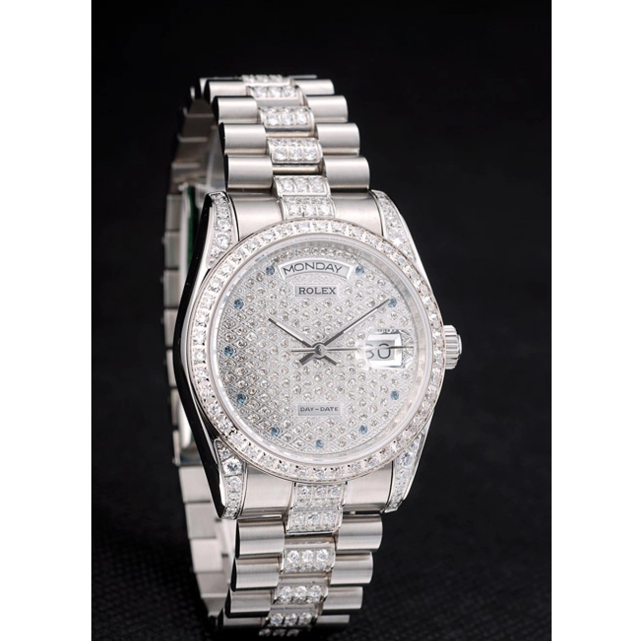 Aaa fake watches Diamond Stainless DayDate Diamond Dial Plated Rolex Plated Bracelet 41986 Steel 0524